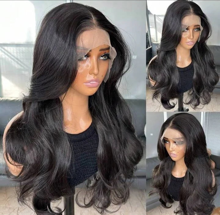22” Natural Black Curtain Bangs Human blend Lace Front Wig