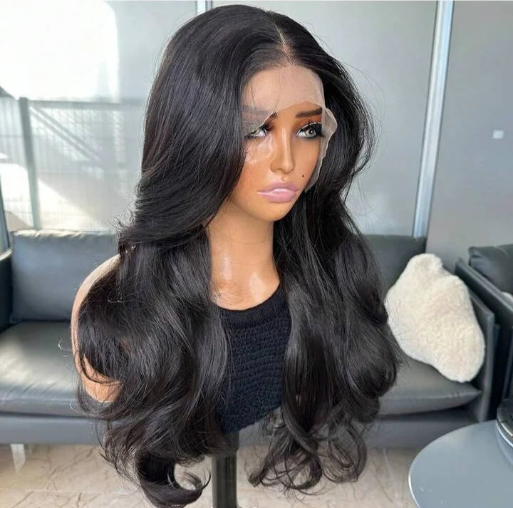 22” Natural Black Curtain Bangs Human blend Lace Front Wig